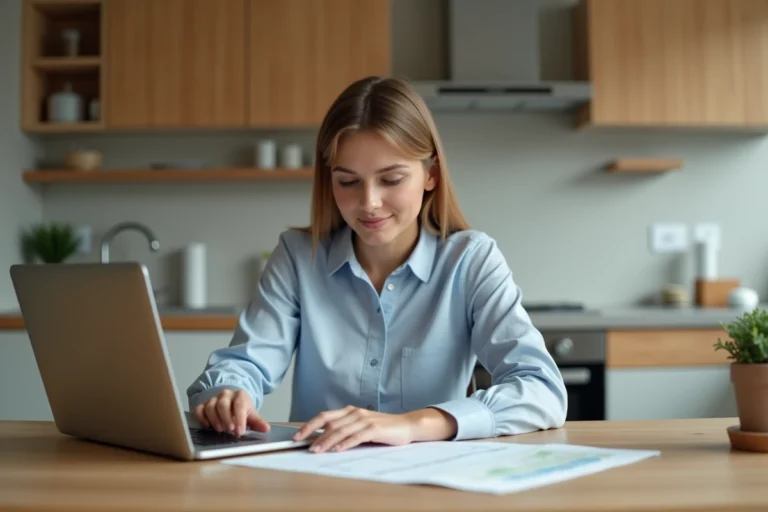 Femme en intérieur effectuant une demande de prêt en ligne