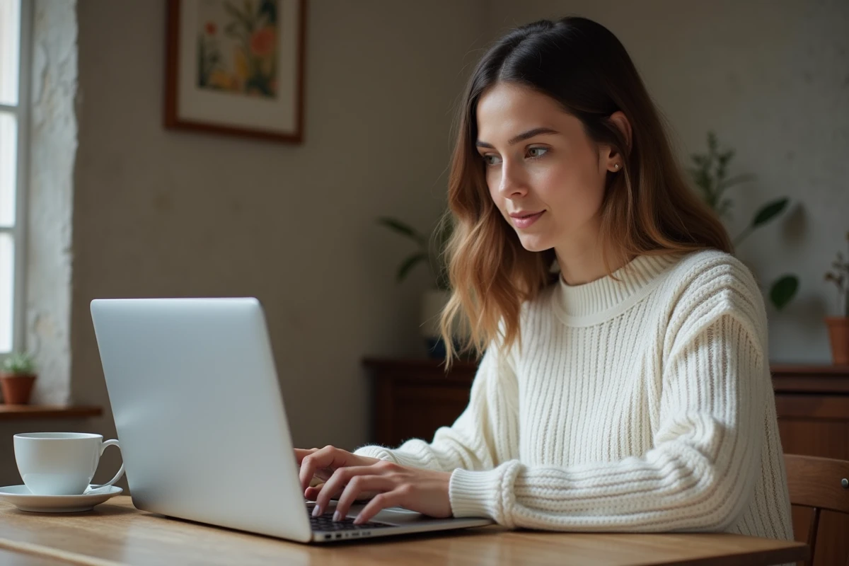 Jeune femme concentrée utilisant un ordinateur portable dans un intérieur cosy