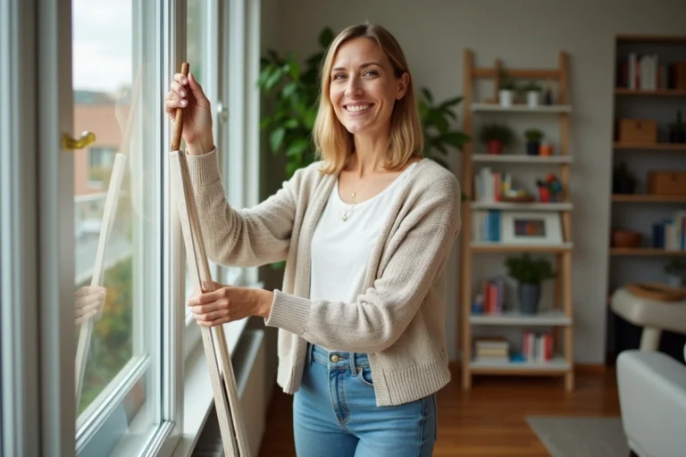 Femme souriante peignant un cadre de fenêtre dans un salon lumineux