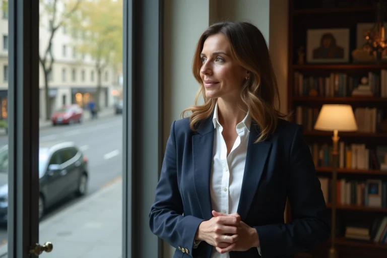 Femme en blazer bleu regardant par la fenêtre à Paris