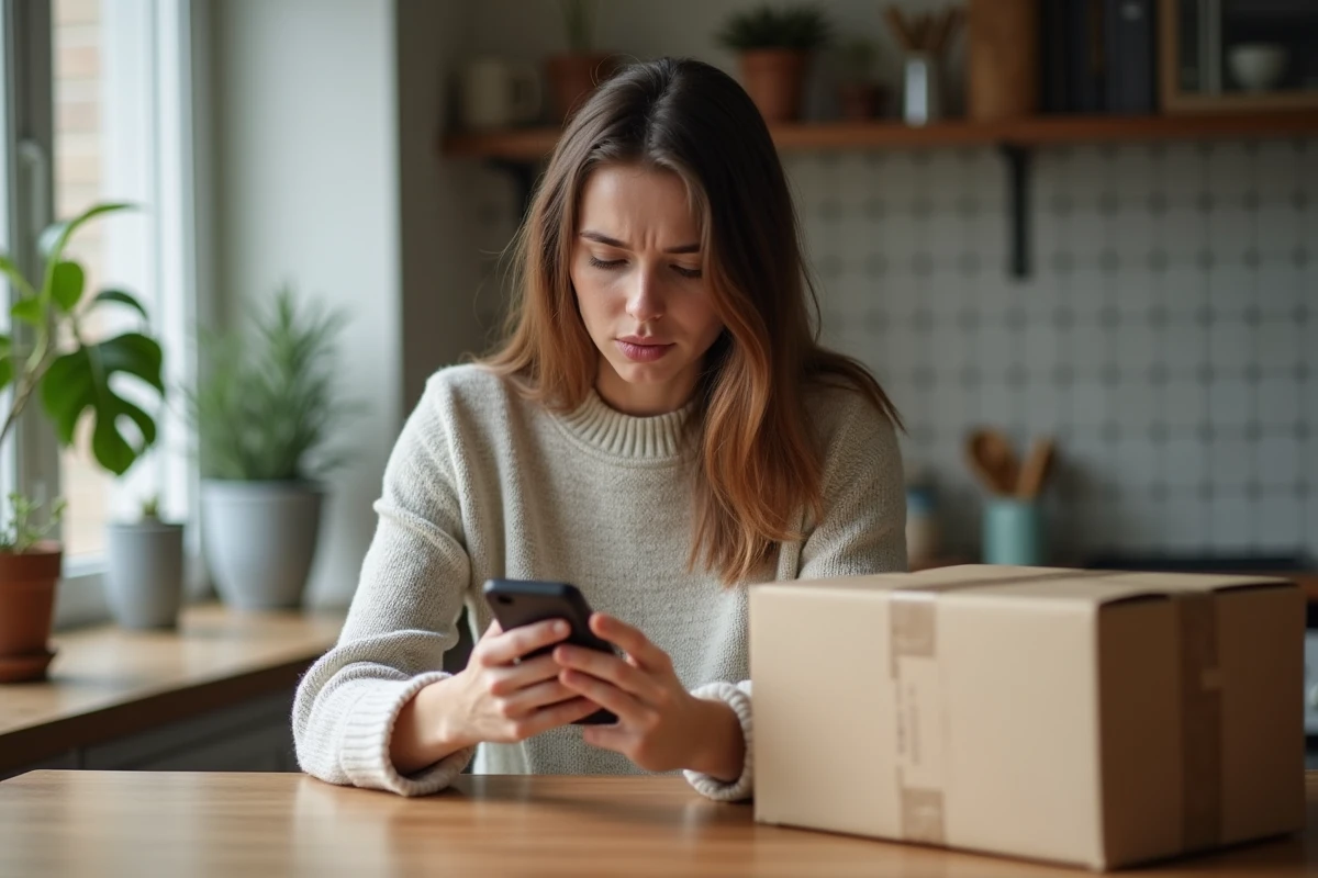 Femme fâchée regardant son smartphone dans la cuisine