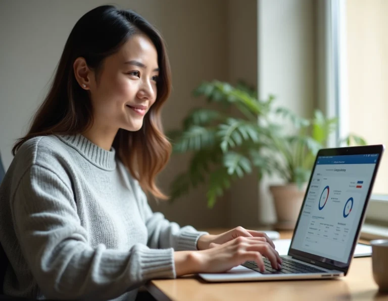 Femme consultant son espace en ligne de suivi de sinistres et remboursements d'assurance sur un ordinateur portable