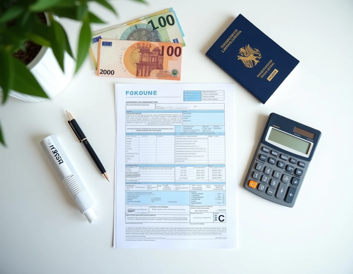 Vue de dessus d'une déclaration fiscale française avec billets de banque étrangers et passeport illustrant l'obligation de déclarer les transferts internationaux