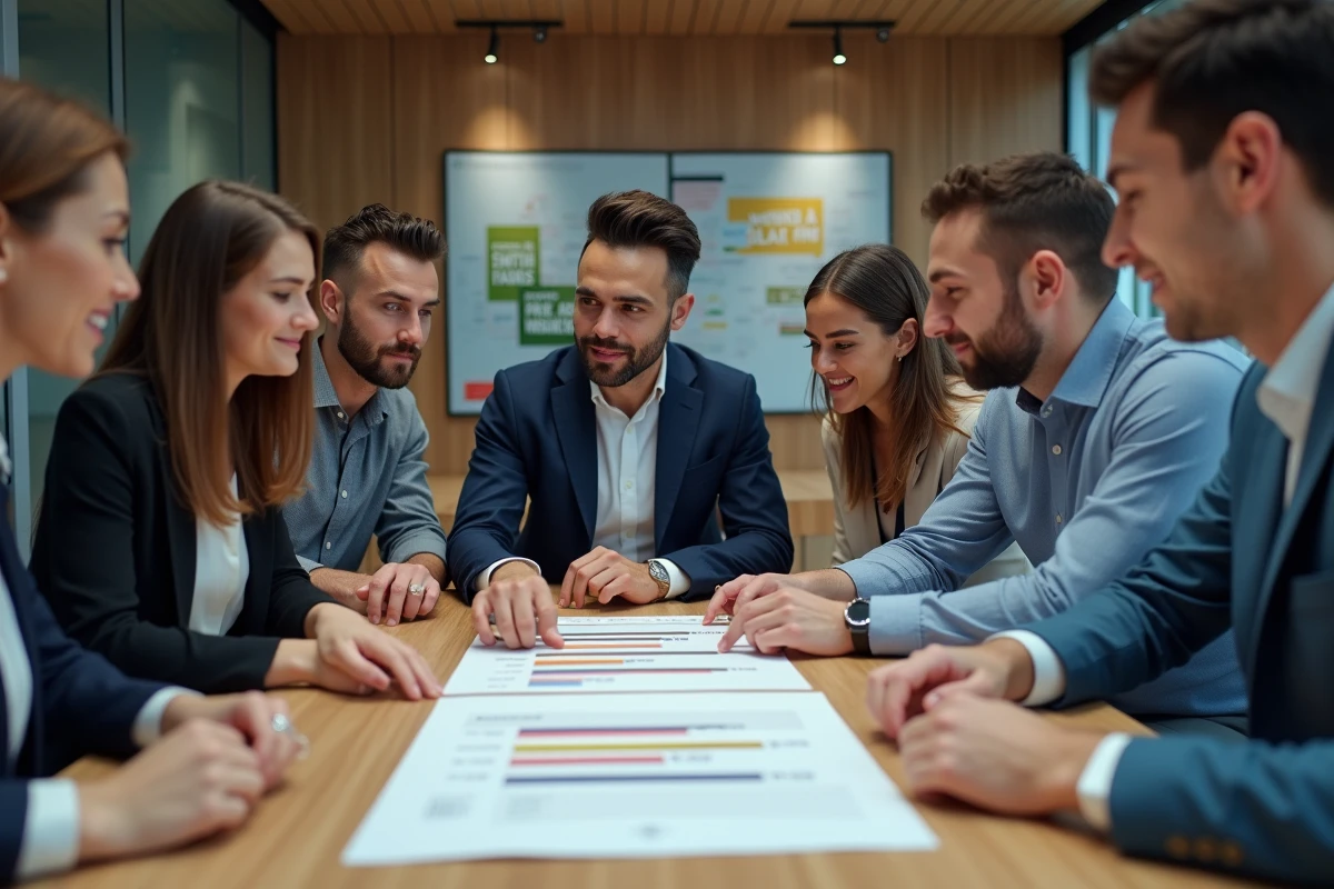 Groupe de jeunes consultants étudient un graphique salarial en réunion