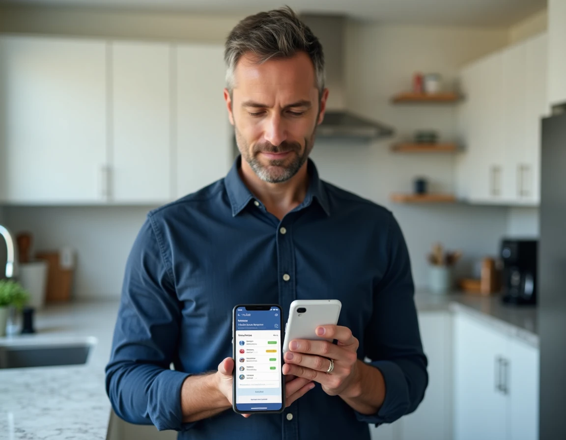 Homme vérifiant le suivi de ses remboursements d'assurance sur une application mobile dans sa cuisine