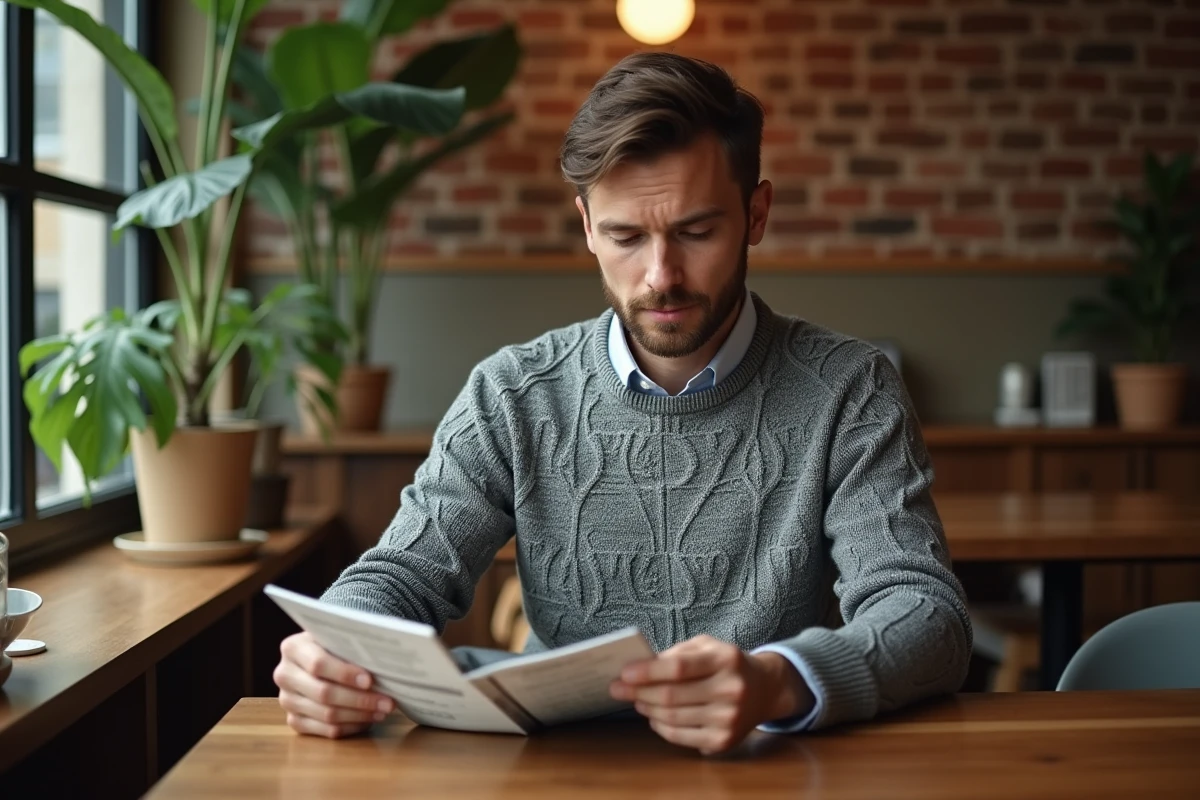 Homme en pull et chinos dans un café cosy en intérieur