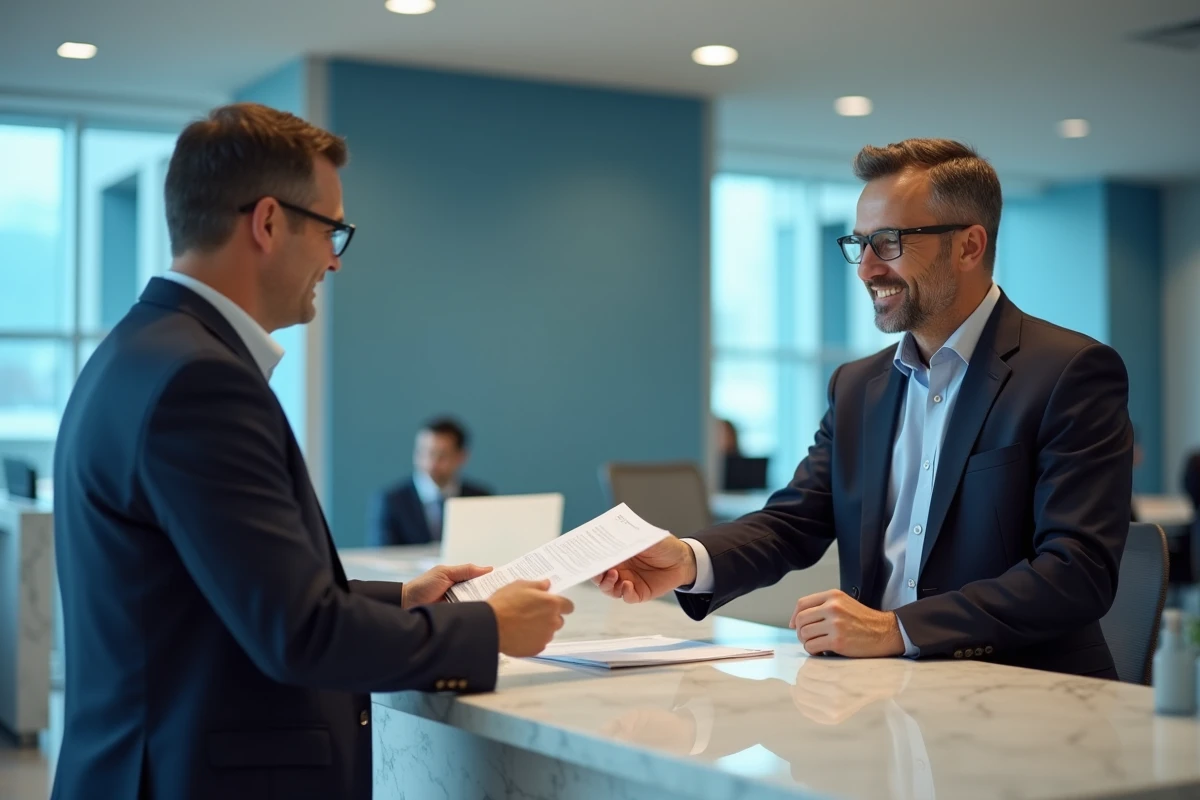 Homme remettant des documents à un agent bancaire