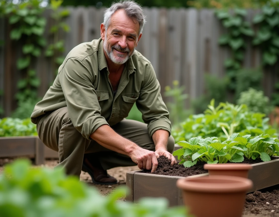 Homme jardinage dans potager extérieur, activité de loisir relaxante au quotidien