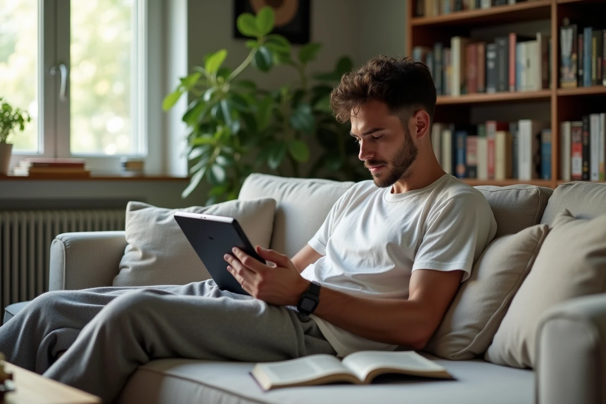 Jeune homme lisant manga sur canapé dans un salon lumineux