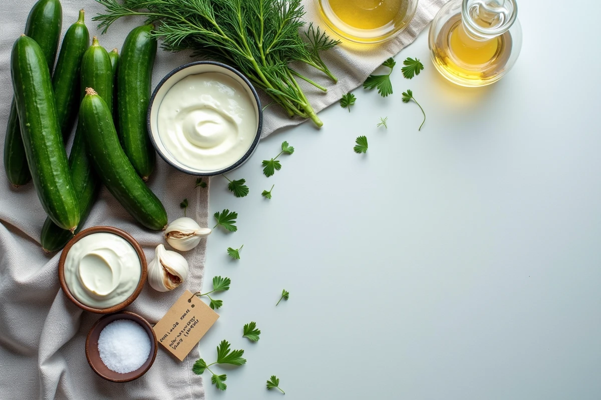 Vue aérienne des ingrédients traditionnels pour la recette de concombre à la crème à la française disposés sur un linge gris