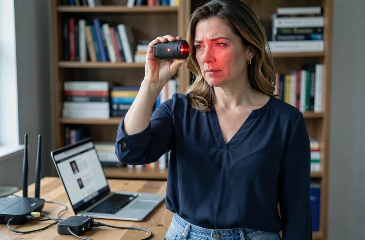 Femme inspectant une prise CPL avec LED rouge clignotante dans un bureau à domicile