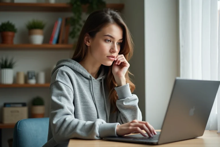Jeune femme concentrée sur son ordinateur dans un bureau cosy
