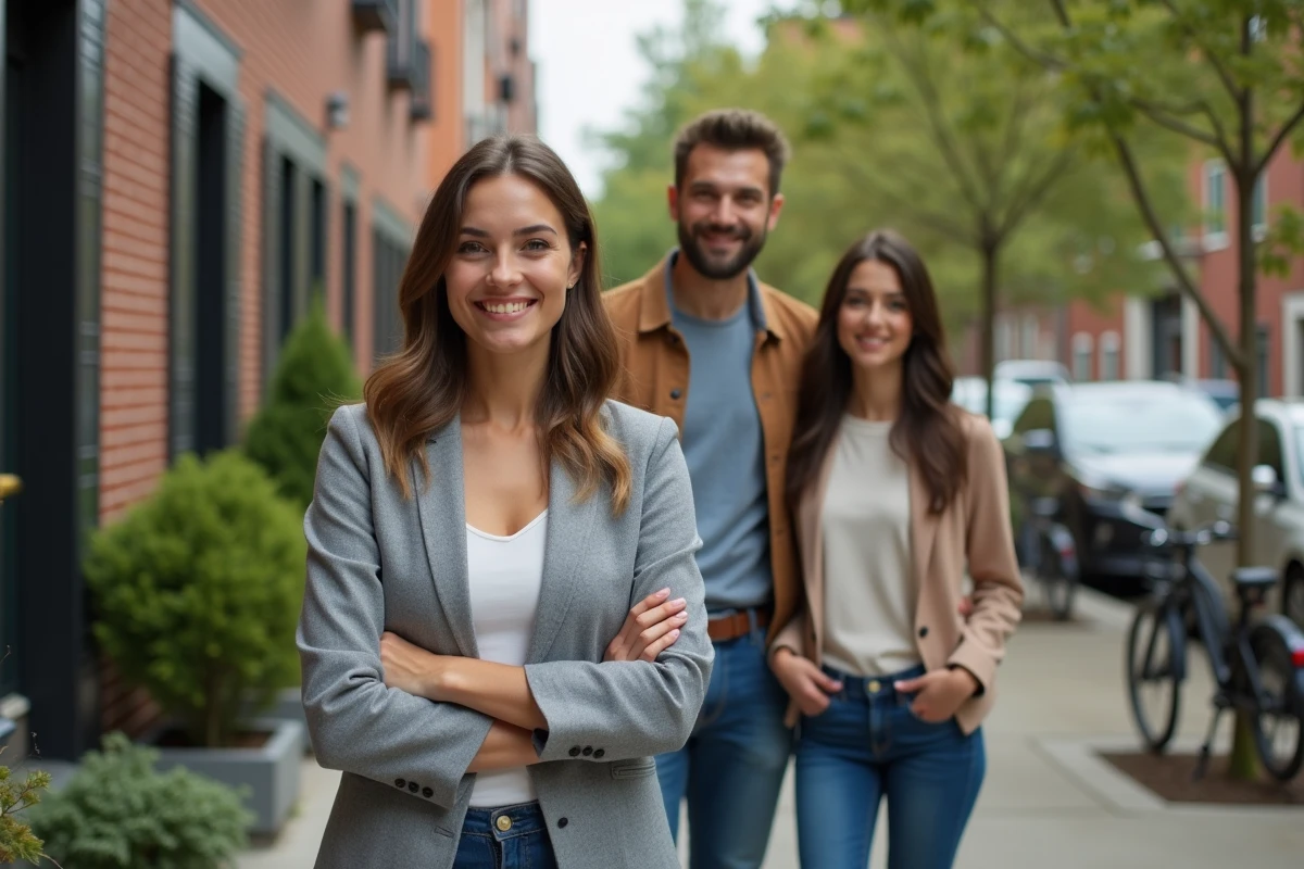 Jeune femme souriante devant immeuble renové