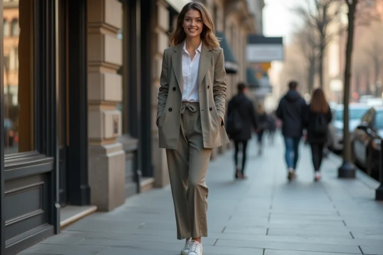 Jeune femme élégante en blazer et pantalons larges en ville