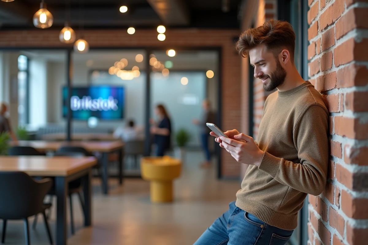 Jeune homme explorant une application dans un espace coworking