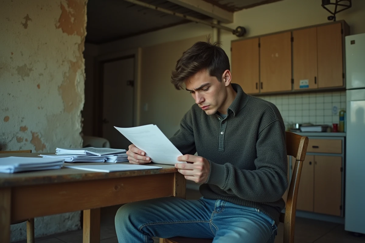 Jeune homme lisant des documents dans une cuisine en mauvais état
