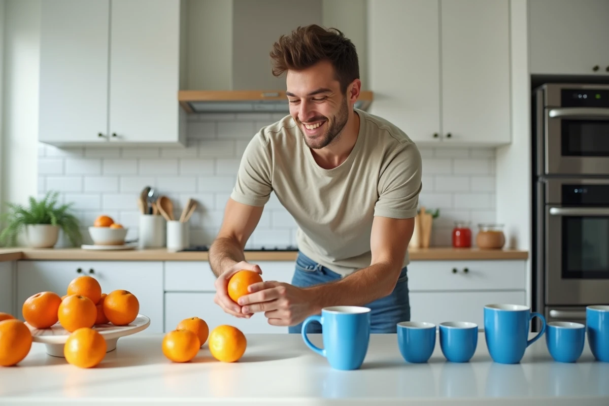 Jeune homme arrangeant fruits et tasses dans une cuisine moderne