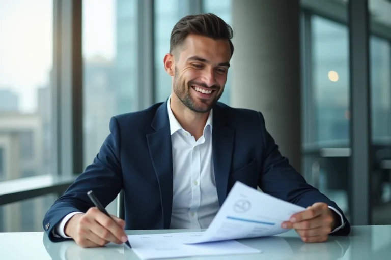 Jeune homme en costume bleu examine un rapport salarial dans un bureau moderne