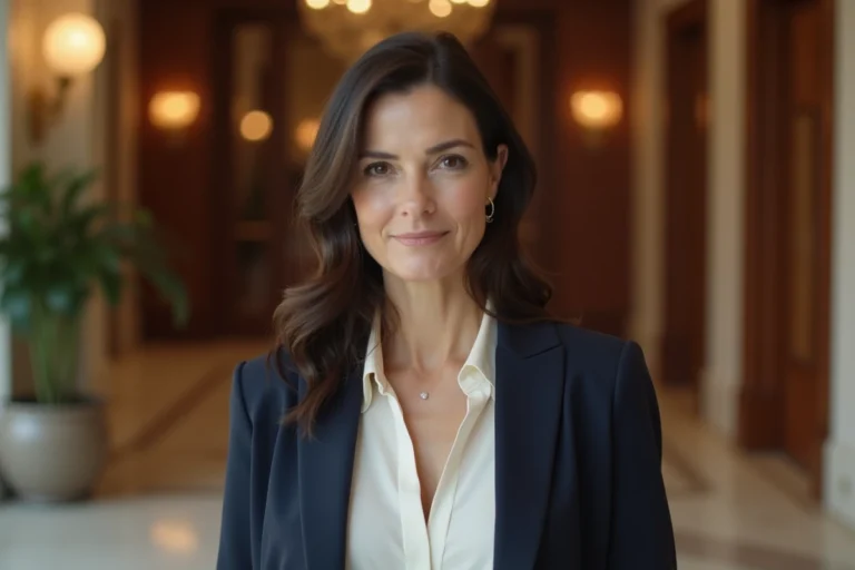 Portrait élégant d'une femme aux cheveux bruns dans la quarantaine, épouse discrète d'une célébrité hollywoodienne, dans un lobby d'hôtel luxueux