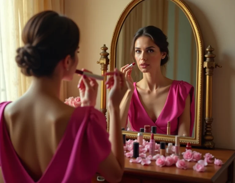 Femme en robe rose fuchsia appliquant un rouge à lèvres devant un miroir de coiffeuse vintage dans un dressing élégant
