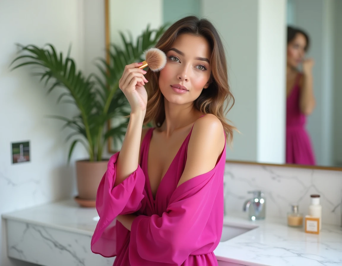 Femme en robe fuchsia fluide se maquillant dans une salle de bain moderne minimaliste avec miroir et produits de beauté