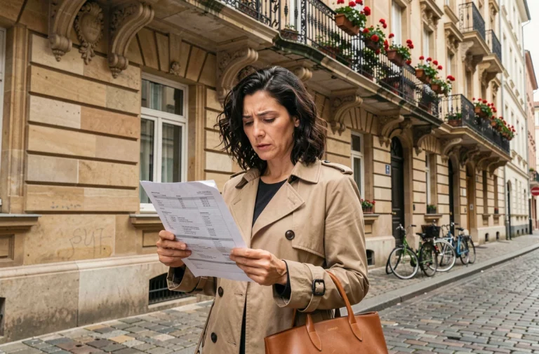 Femme consultant une annonce de location devant un immeuble haussmannien à Lyon Presqu'île, marché locatif lyonnais 2026