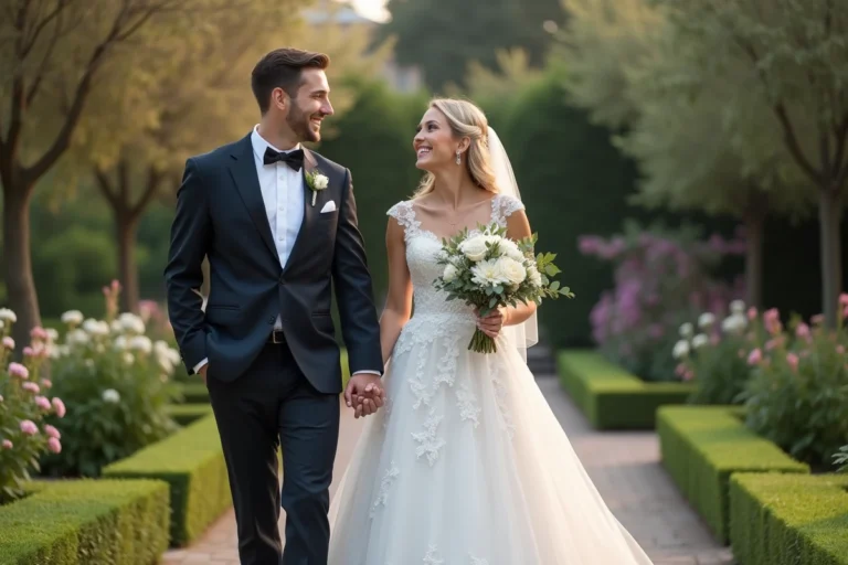Jeune couple marié dans un jardin fleuri et lumineux
