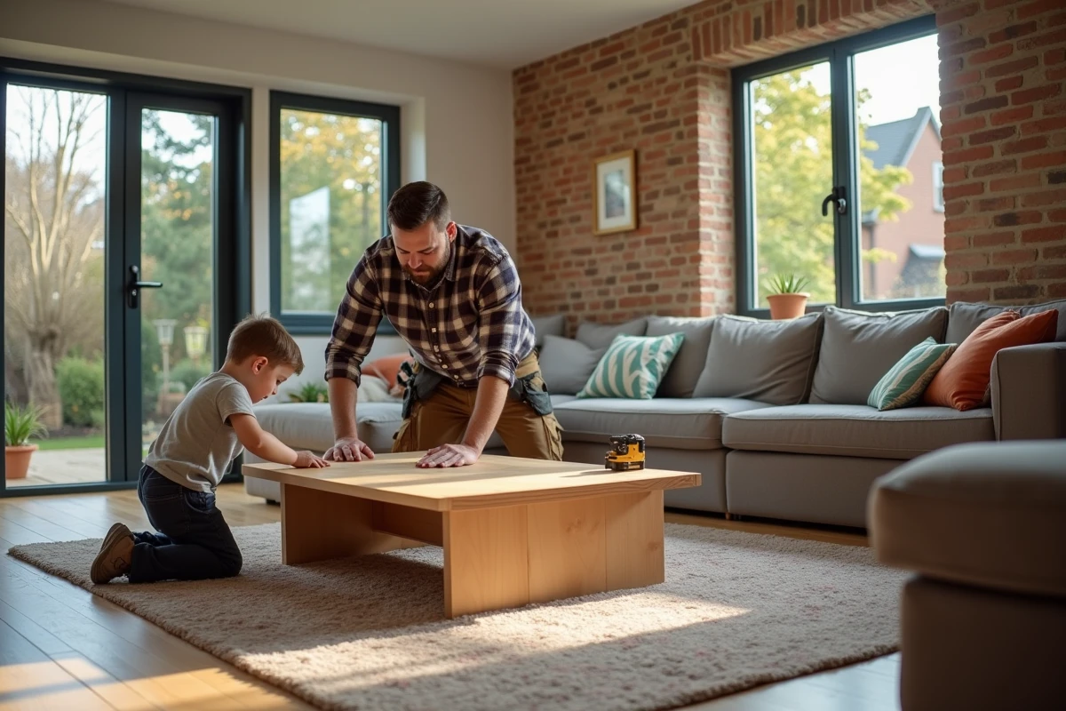 Père et enfant assemblant une table en bois dans une véranda chaleureuse