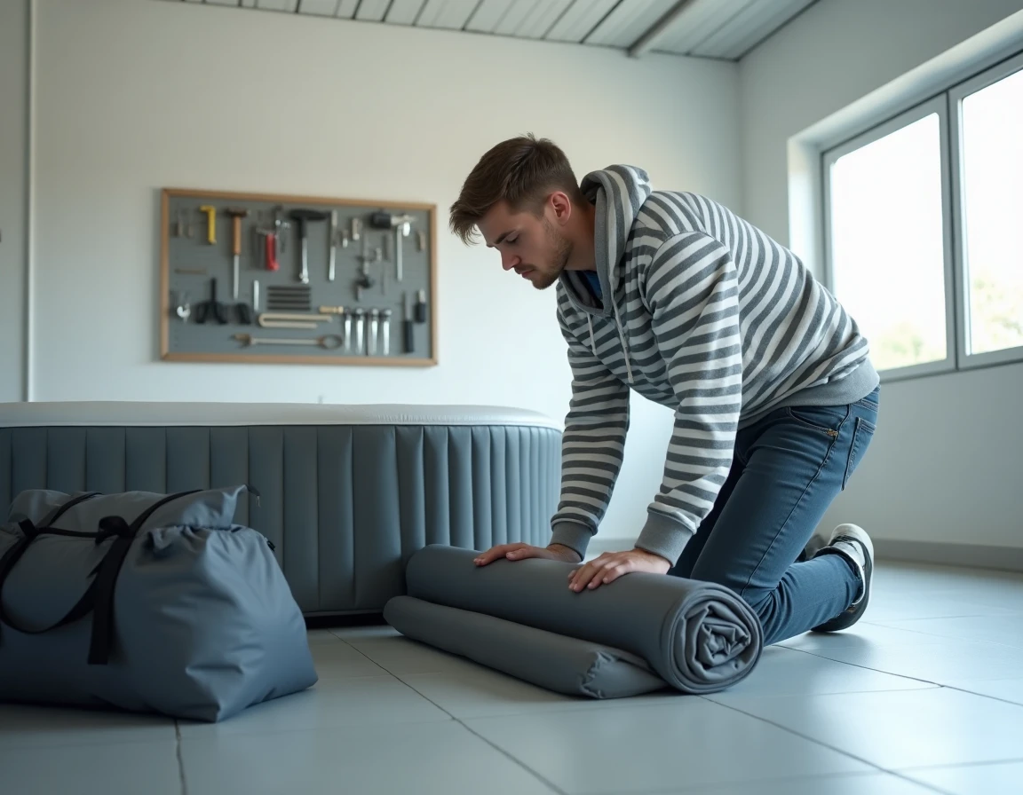 Jeune adulte pliant et rangeant un spa gonflable MSPA Lite dégonflé dans son sac de rangement en intérieur