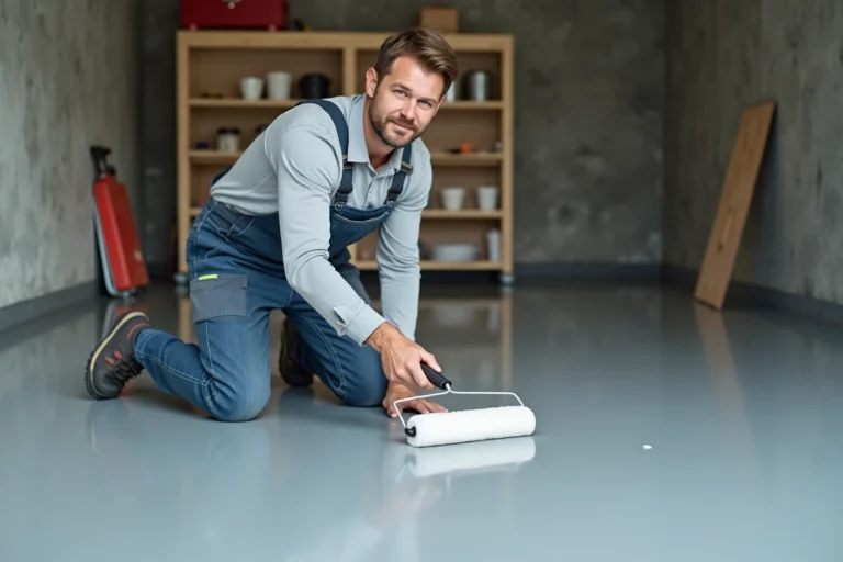 Hommes en overalls appliquant de la peinture epoxy dans un garage