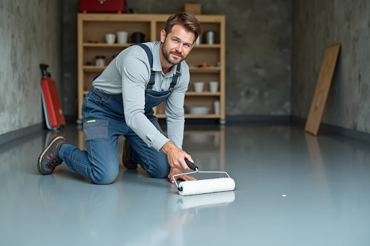 Hommes en overalls appliquant de la peinture epoxy dans un garage