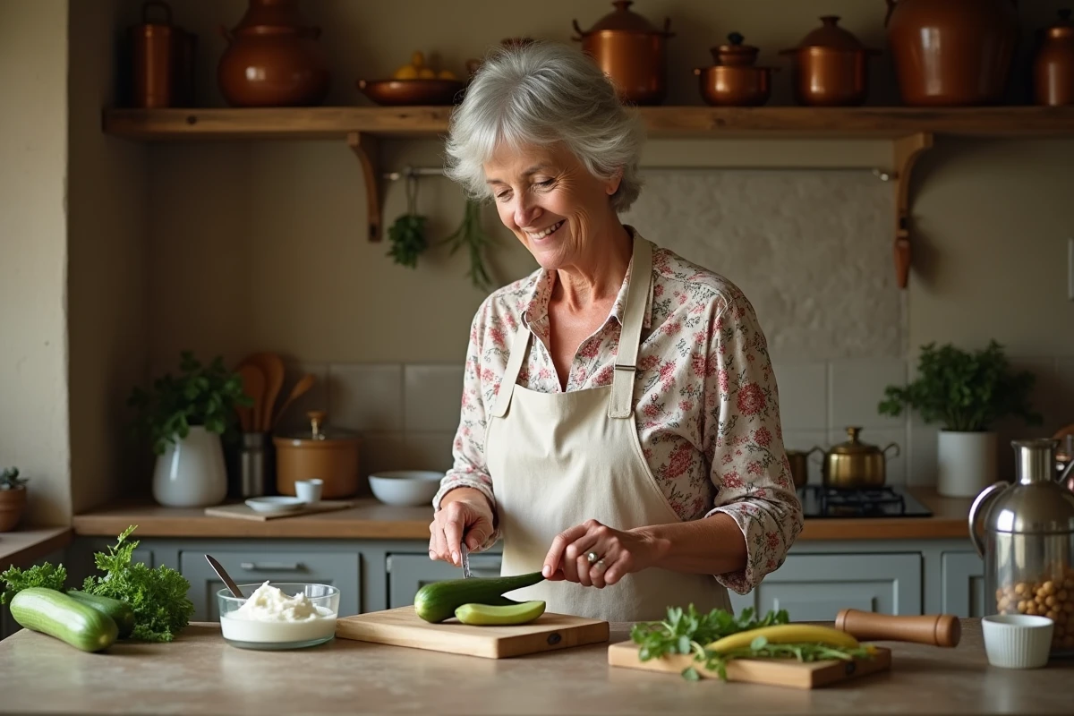 Femme française préparant une recette traditionnelle de concombre à la crème dans une cuisine provençale authentique