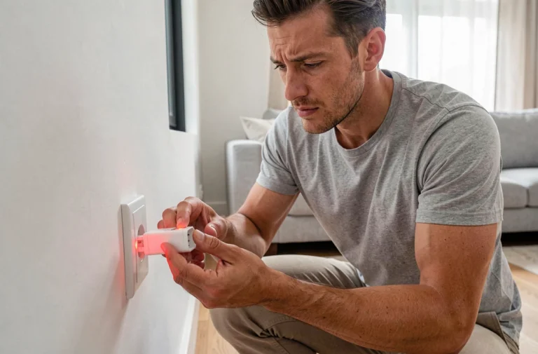 Homme examinant une prise CPL Bouygues clignotant rouge dans un salon moderne
