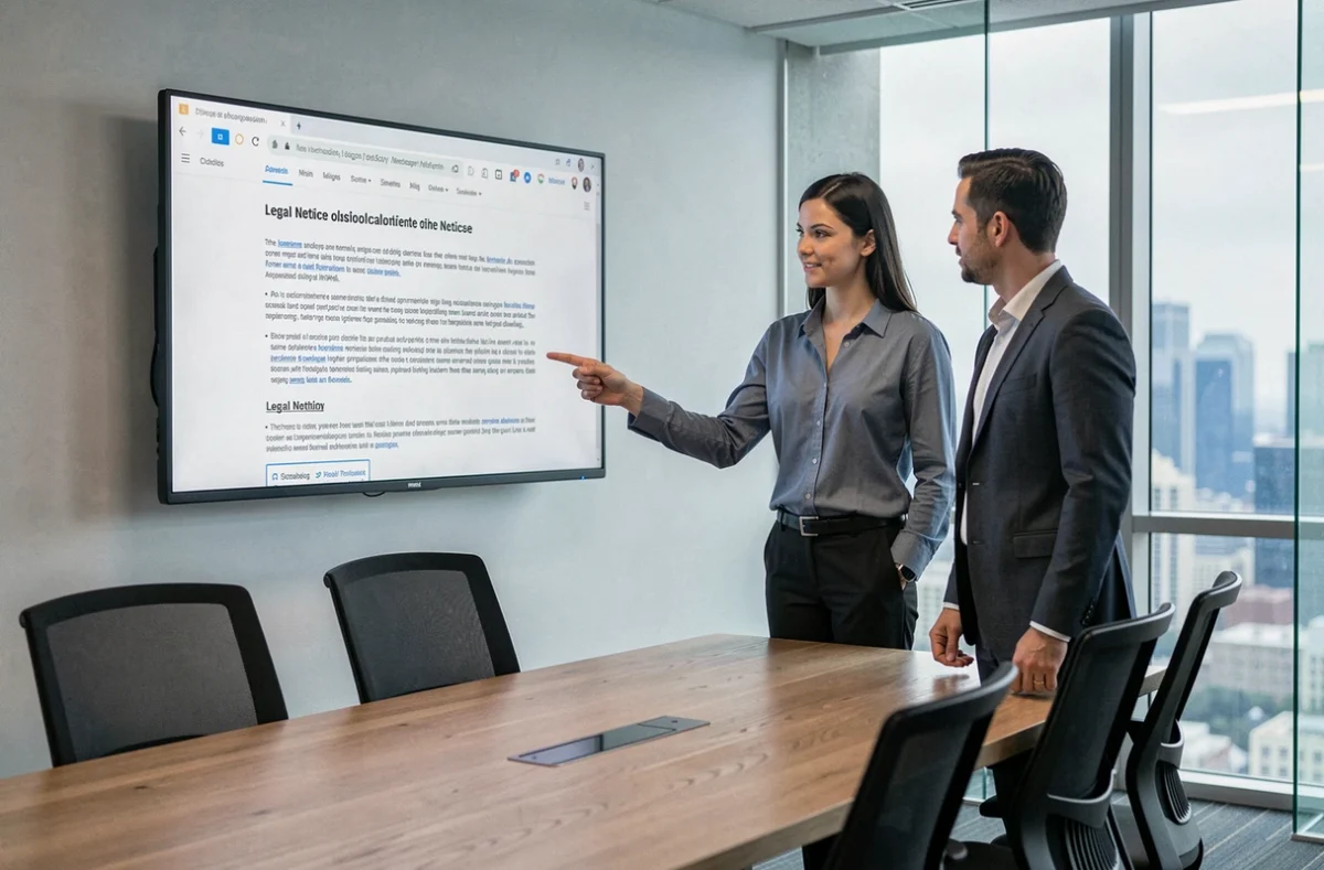 Deux professionnels en réunion analysant les mentions légales obligatoires d'un site internet