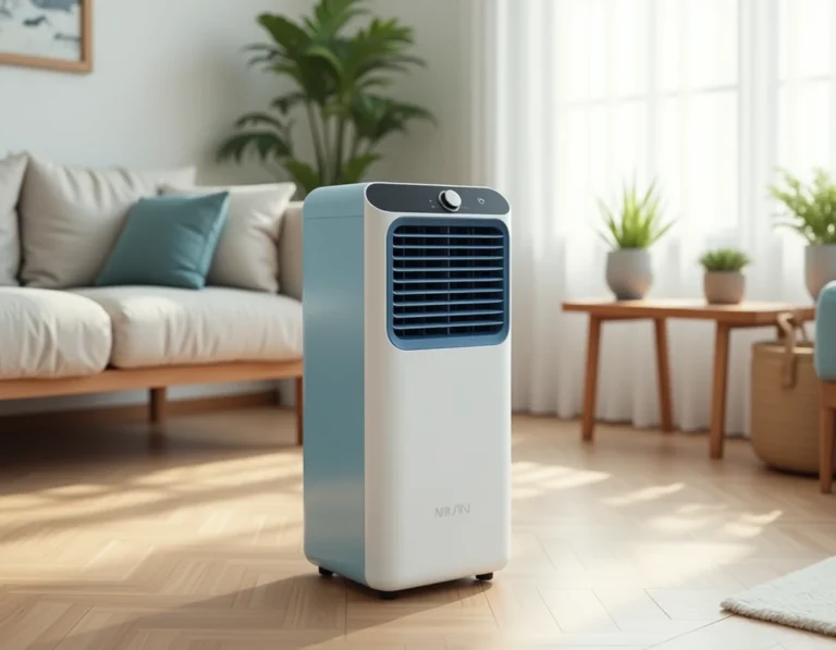 Rafraîchisseur d'air OneConcept Caribbean Blue posé sur un parquet en bois dans un salon scandinave lumineux