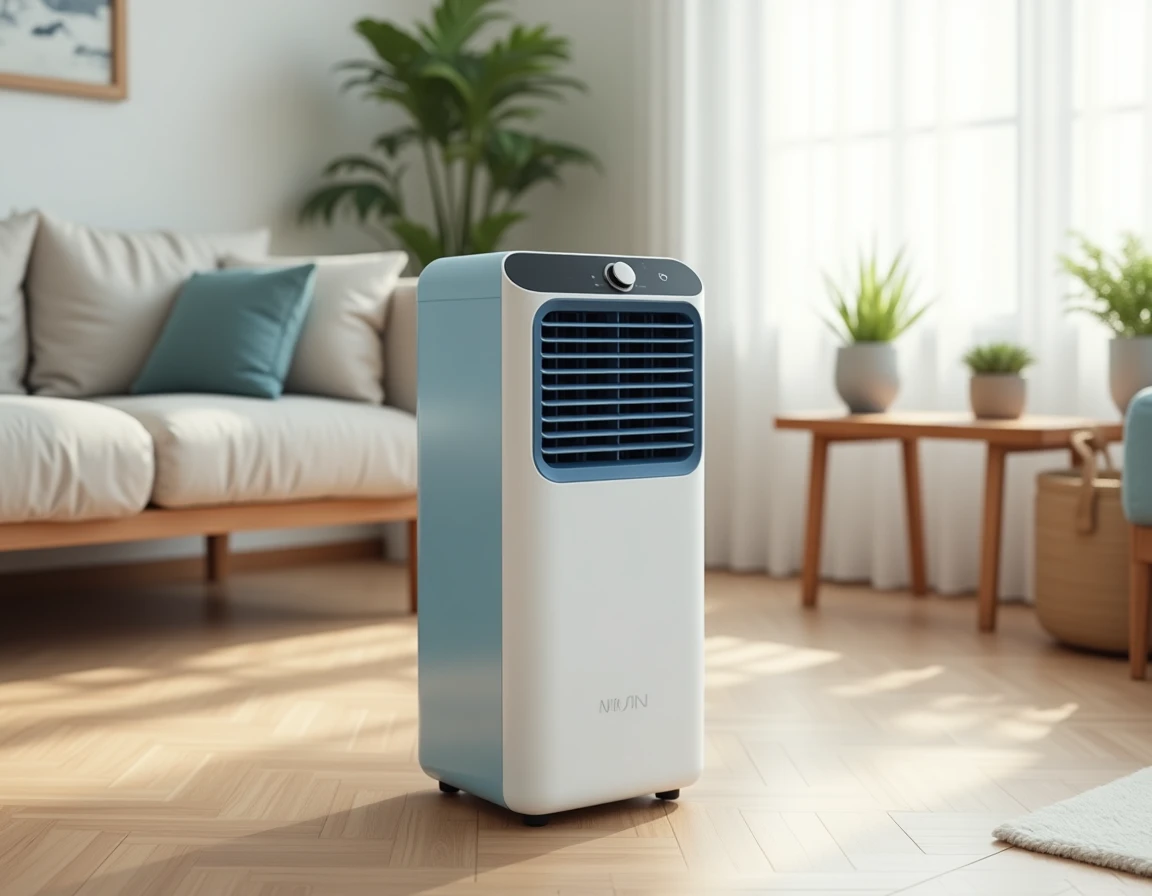 Rafraîchisseur d'air OneConcept Caribbean Blue posé sur un parquet en bois dans un salon scandinave lumineux