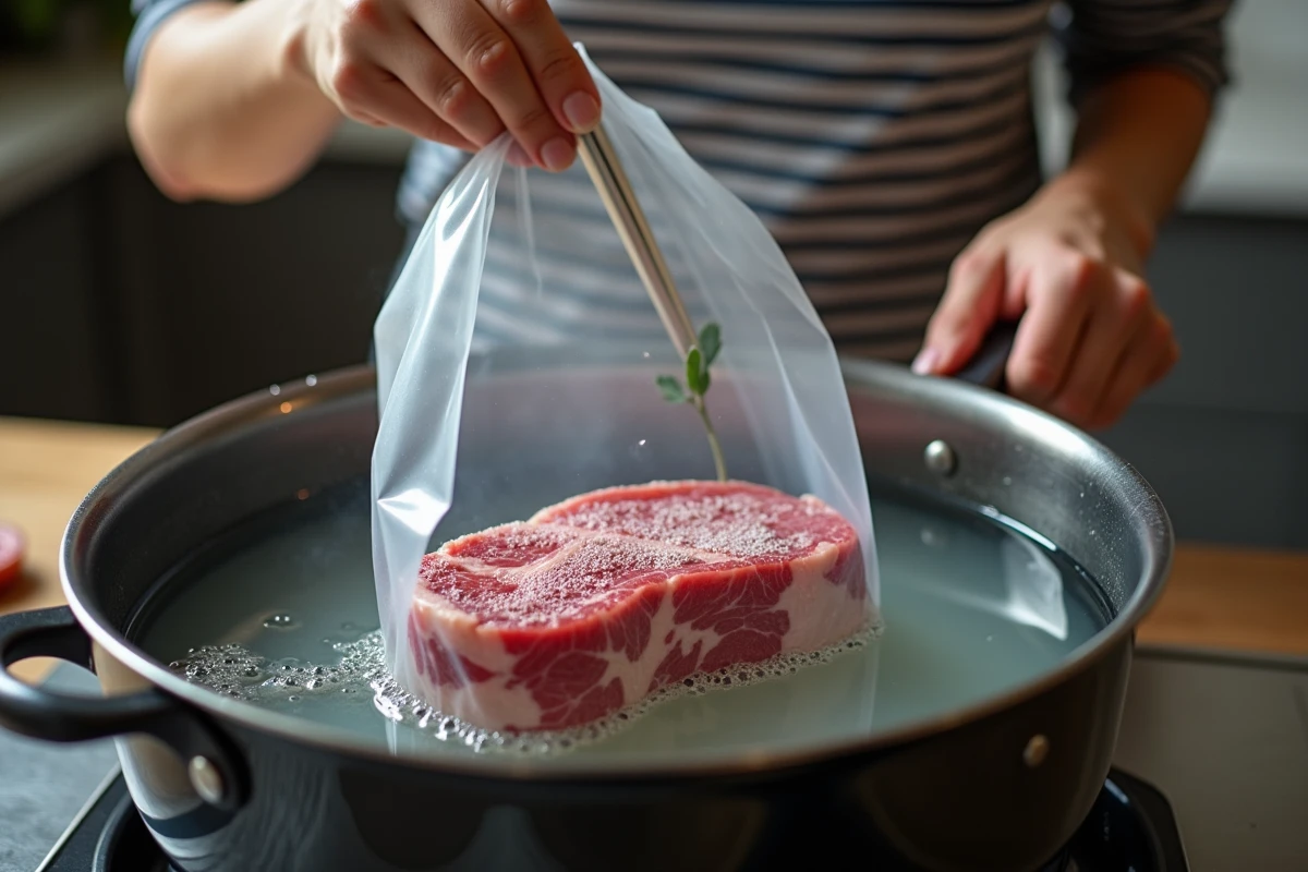 Méthode sous-vide pour réchauffer une entrecôte dans un sac plastique immergé dans de l'eau chaude avec un thermomètre de cuisine