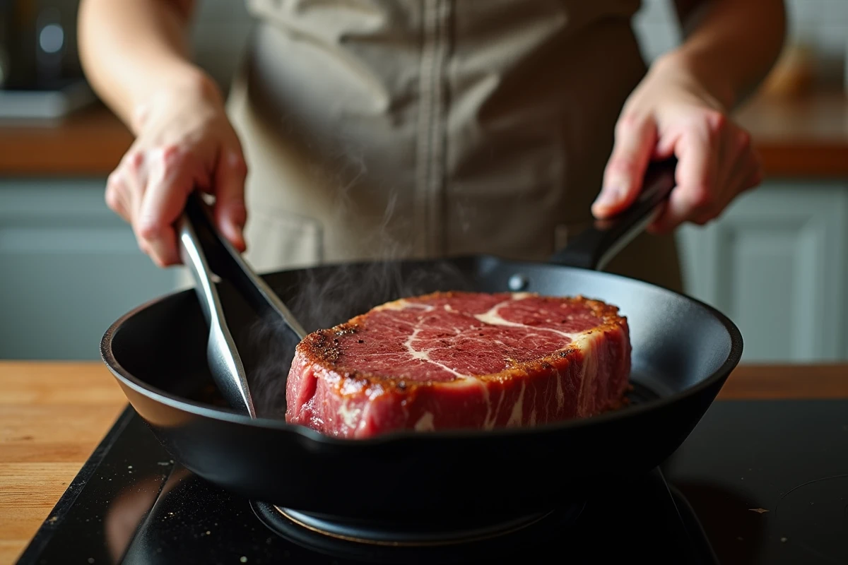 Femme réchauffant une entrecôte dans une poêle en fonte sur une cuisinière domestique avec des pinces de cuisine