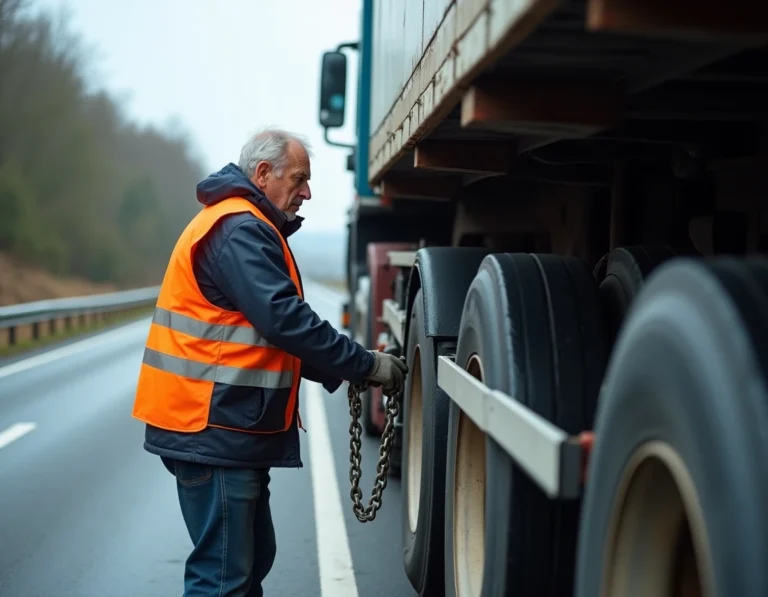 Opérateur de remorquage poids lourds attachant des chaînes sous un semi-remorque en panne sur une autoroute française