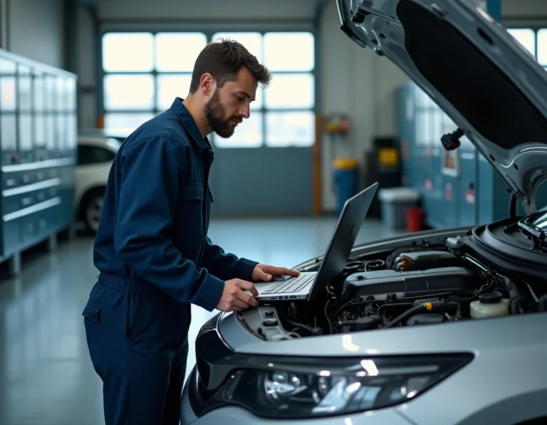 Technicien automobile connectant un ordinateur portable à la prise OBD d'une voiture de leasing pour une reprogrammation moteur