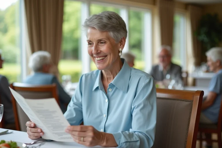 Femme senior souriante lisant un menu dans une résidence