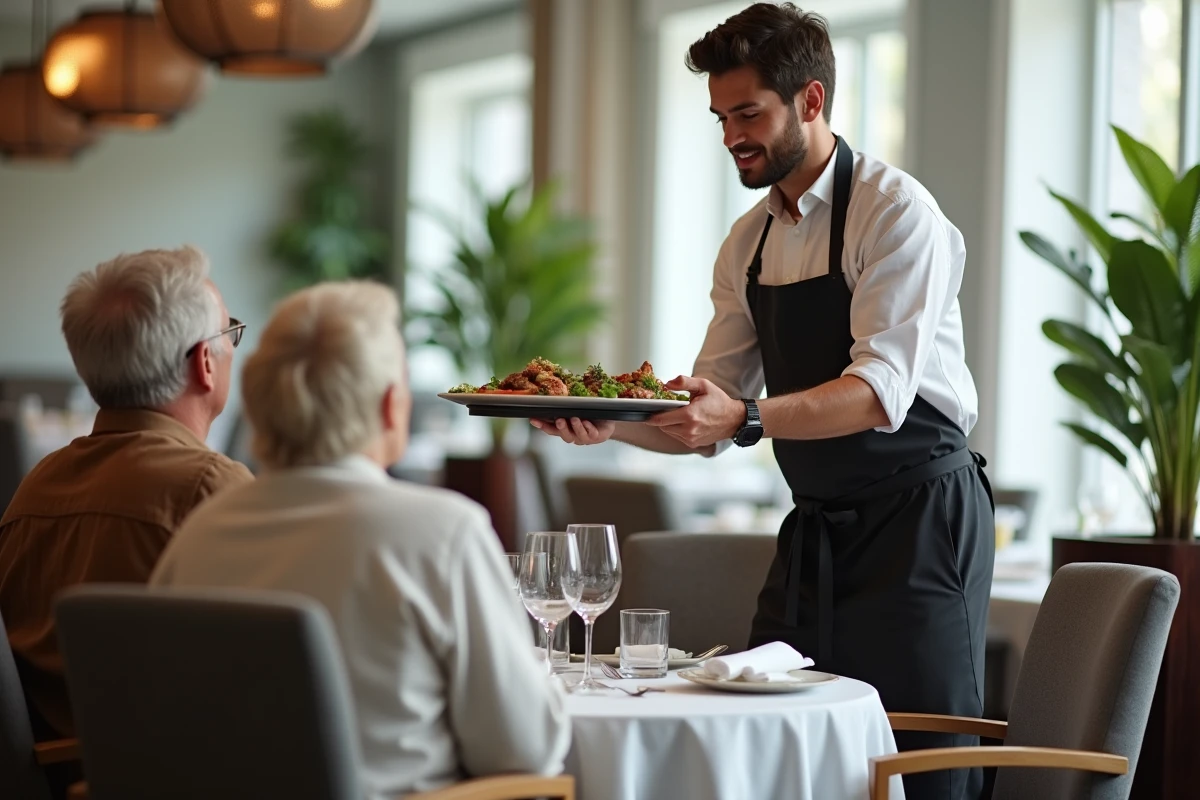 Serveur polie présentant un plat à un couple âgé dans un restaurant