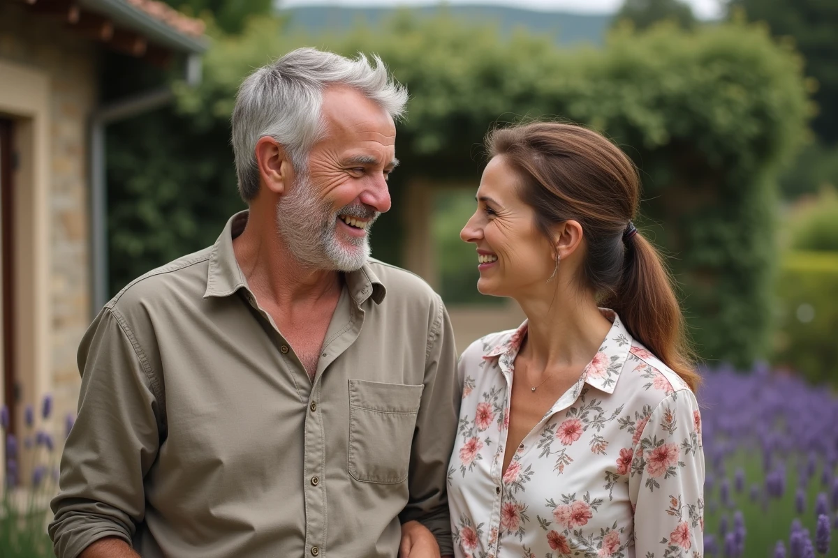Stéphane Marie et son épouse dans leur jardin de campagne français, moment de complicité intime