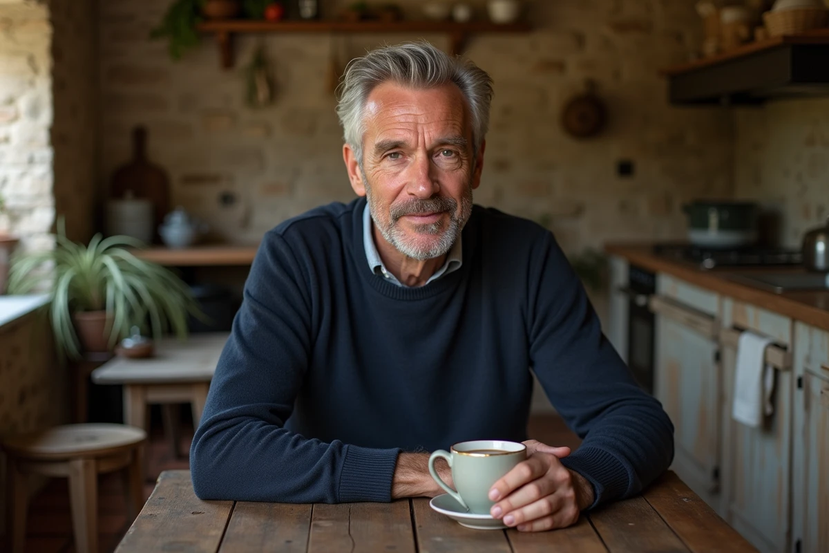 Portrait de Stéphane Marie attablé dans sa cuisine rustique de maison de campagne