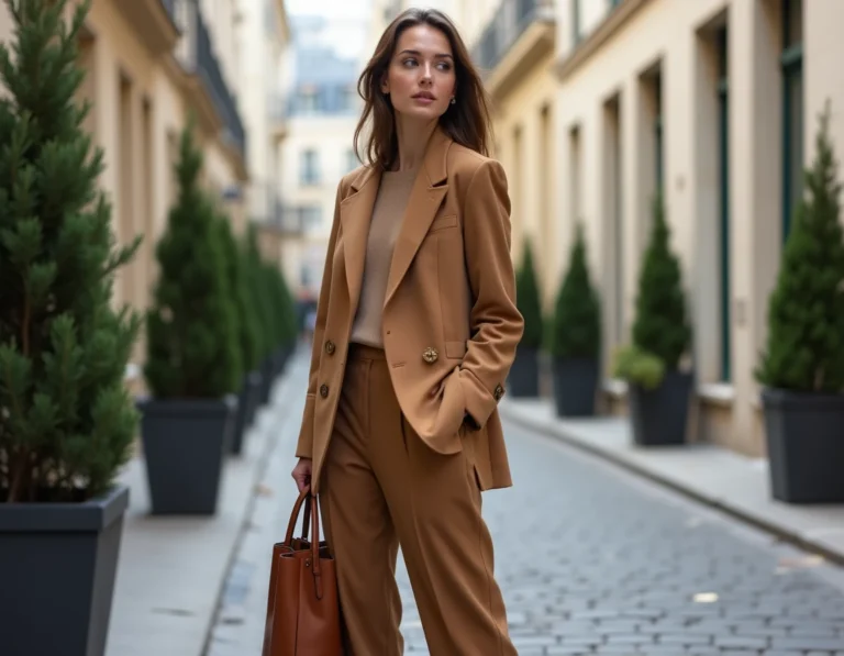 Femme élégante portant un blazer camel oversize et un pantalon large dans une rue pavée parisienne, illustrant les tendances mode du quotidien
