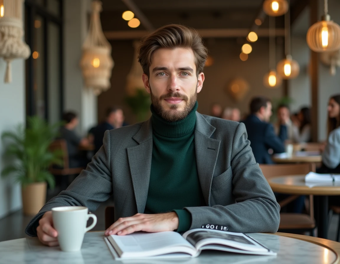 Homme stylé en col roulé vert et veste de costume gris dans un café scandinave moderne, incarnant les nouvelles tendances mode masculines