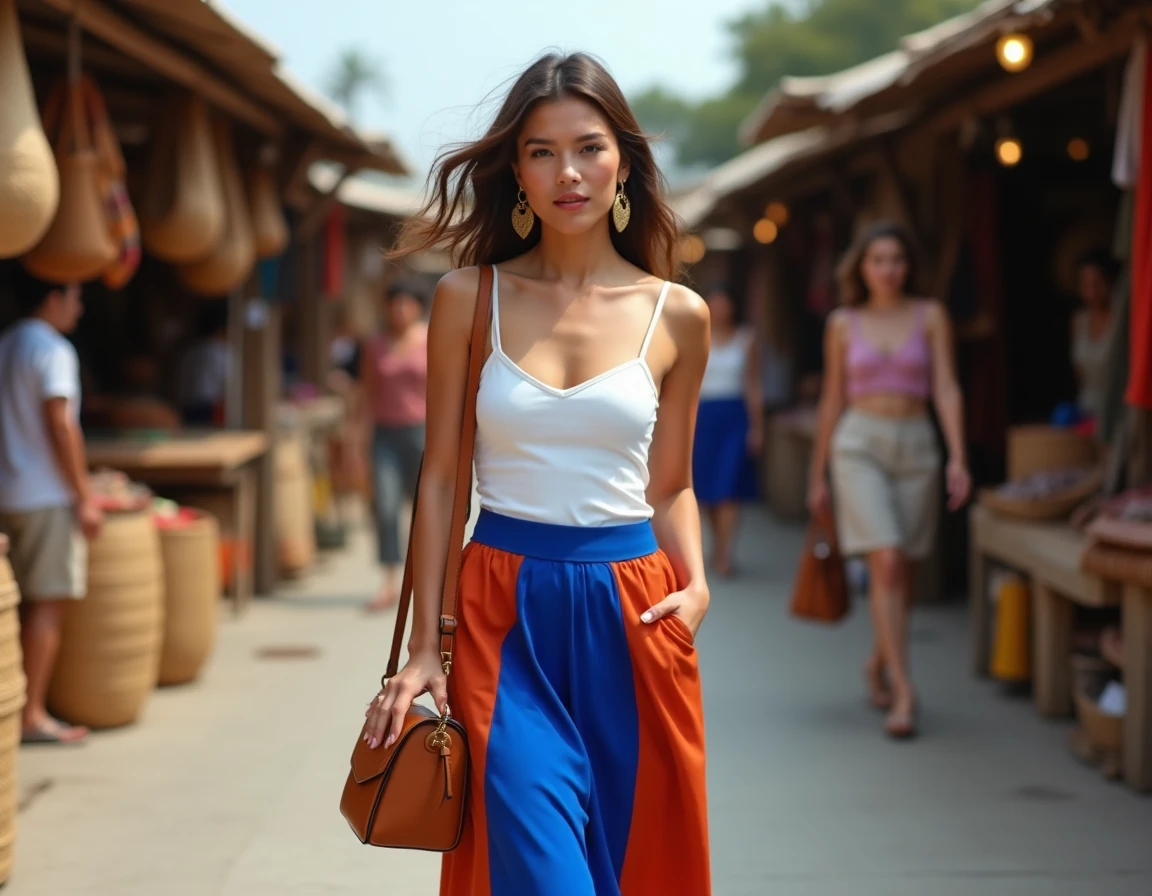 Jeune femme portant une jupe midi color block cobalt et terracotta dans un marché en plein air, illustrant les tendances mode innovantes de la saison