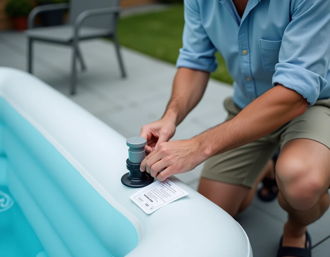 Homme ouvrant la valve de dégonflage d'un spa MSPA Lite sur un patio en béton